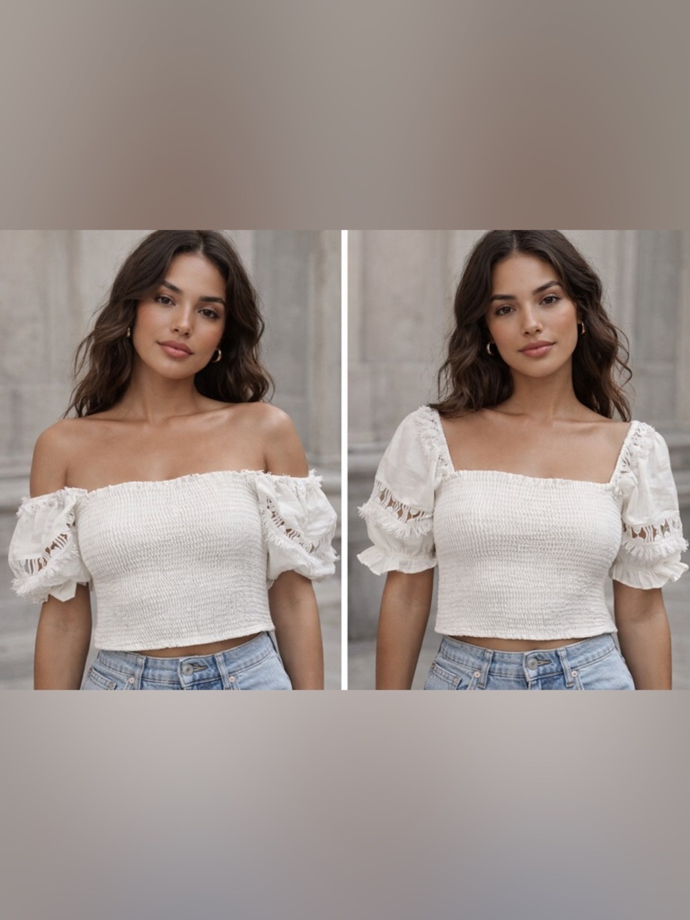 Peixoto NWT Off or On Shoulder Smocked Crop Top with Puff Sleeves - White sz L